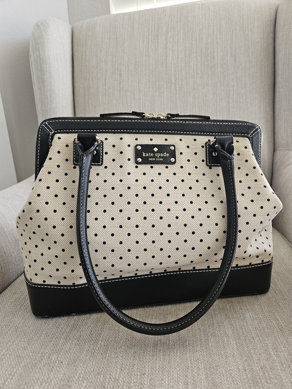Kate Spade NY Black & White Polka Dot Canvas Satchel | Top Handle Bag-Large - Picture 16 of 17